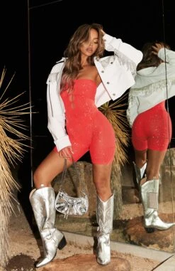 Strapless Body To Body Playsuit Flame - Elegant Evening Dress 13 Strapless Body To Body Playsuit Flame - Elegant Evening Dress -White Fox Sales 001834