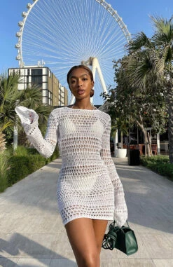 Shine On Long Sleeve Mini Dress White | Resort Wear Elegance