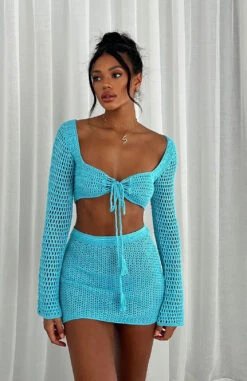 I Was Here Long Sleeve Crochet Crop Top | Blue Resort Wear