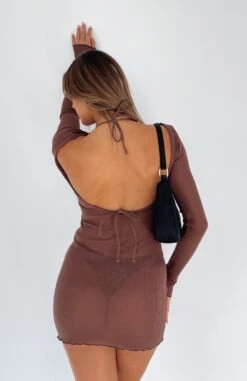 Without Warning Long Sleeve Mini Dress Chocolate - Stylish Resort Wear for Women