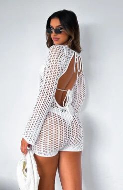 Elegant White Knitted Long Sleeve Playsuit | Resort Wear Collection
