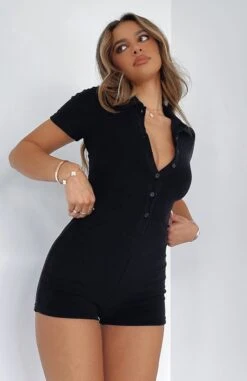 Golden Light Terry Playsuit Black - Stylish Day Dress for Women -White Fox Sales GOLDEN LIGHT PLAYSUIT 130422 01