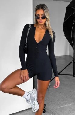 Free Your Mind Long Sleeve Ribbed Playsuit Black - Stylish & Comfortable Dresses 13 Free Your Mind Long Sleeve Ribbed Playsuit Black - Stylish & Comfortable Dresses -White Fox Sales IMG 1025