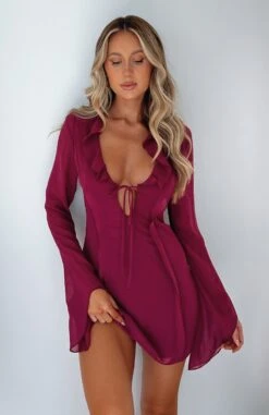 Falling To Pieces Long Sleeve Mini Dress Berry | Stylish Women's Dress