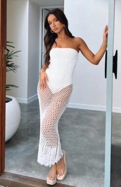 All By Myself Crochet Midi Dress Off White - Stylish Resort Wear for Women