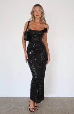 Lucky Girl Sequin Maxi Dress Black - Elegant Evening Party Dress