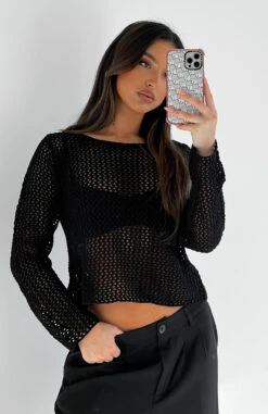 Mixed Emotions Long Sleeve Crochet Top Black - Stylish Resort Wear