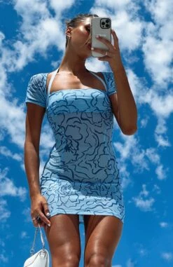 Play It Back Mini Dress - Blue Floral Sketch | Women's Casual Summer Dress -White Fox Sales PLAY IT BACK MINI DRESS 100123 02