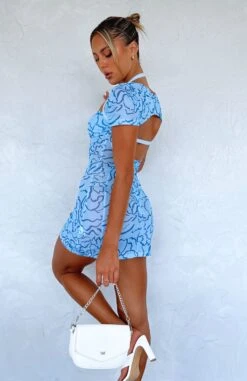 Play It Back Mini Dress - Blue Floral Sketch | Women's Casual Summer Dress -White Fox Sales PLAY IT BACK MINI DRESS 100123 03