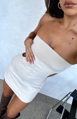 Talk Back Mini Dress in Oatmeal - Elegant Strapless Dress for Women