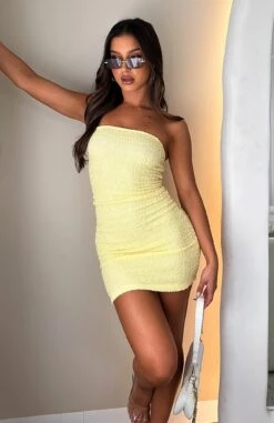 Time To Leave Mini Dress Lemon - Strapless Summer Dress