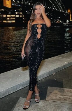 Black Strapless Diamante Midi Dress with Main Character Design -White Fox Sales pg