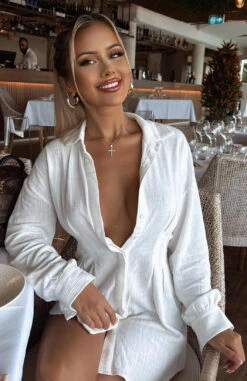 Feels Like A Holiday Shirt Dress White - Stylish Day Dress for Women