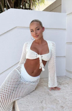 I Was Here Long Sleeve Crochet Crop Top - Off White Resort Wear
